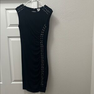 Cache Black Midi Dress with Eyelet Accents